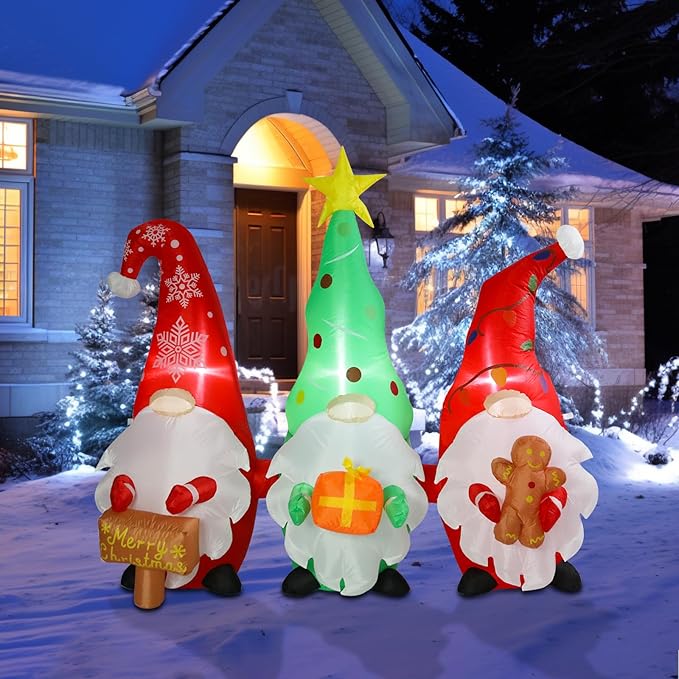 5 FT Christmas Gnomes Inflatable Outdoor Decorations, Inflatable Gnomes with Sign and Gingerbread Man Built-in LED Lights Blow Up Yard Decorations for Holiday Indoor Outdoor Party Garden Lawn