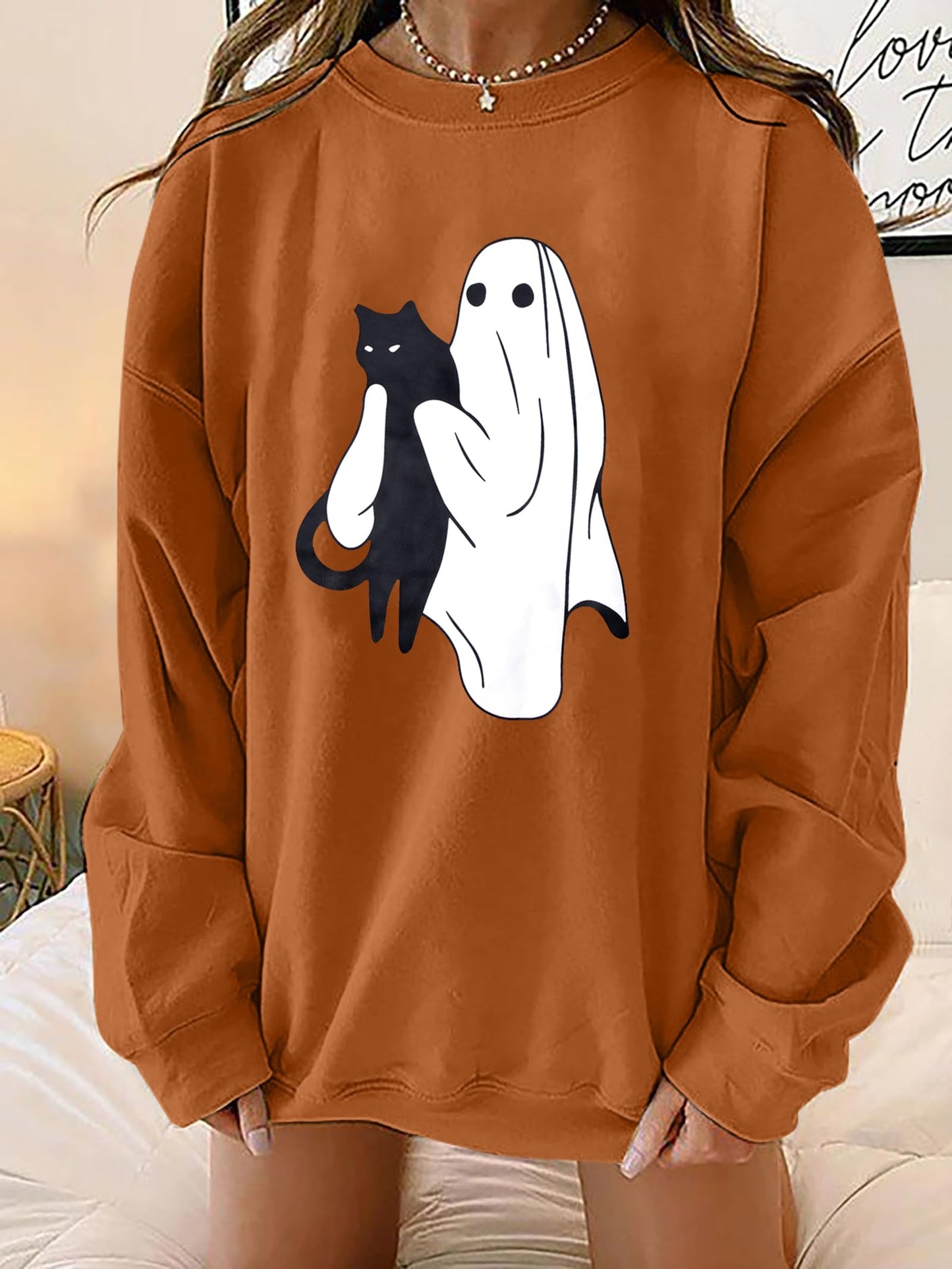 UNIQUEONE Halloween Spooky Season Sweatshirt Women: Black Cat Ghost Sweatshirts Oversized Fall Ghost Pullover