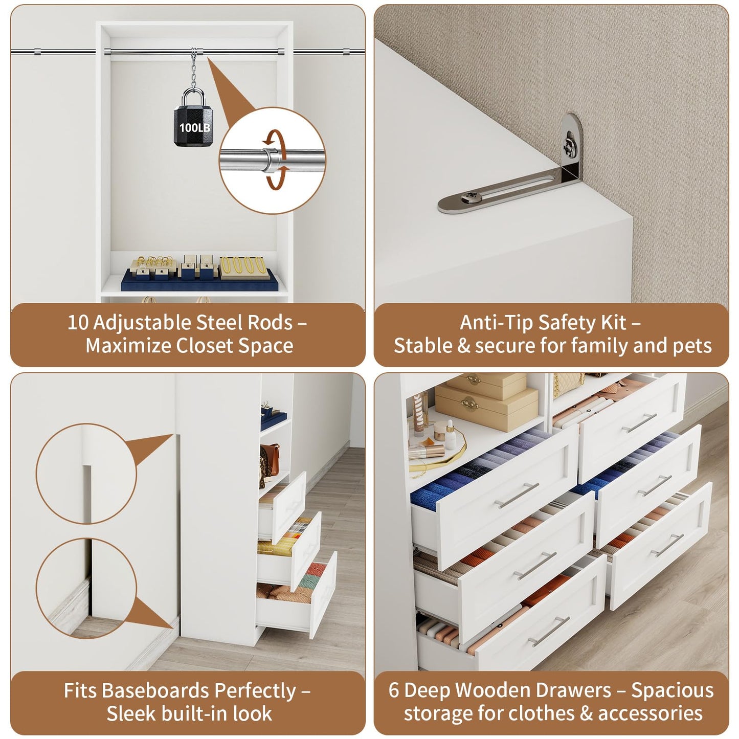 Closet System with 6 Drawers, 4FT-15FT 2-Piece Closet System, Walk in Closet System Organizer, Modular Closet System with 10 Adjustable Hanging Rods & Shelves, Closet Storage System for Bedroom, White