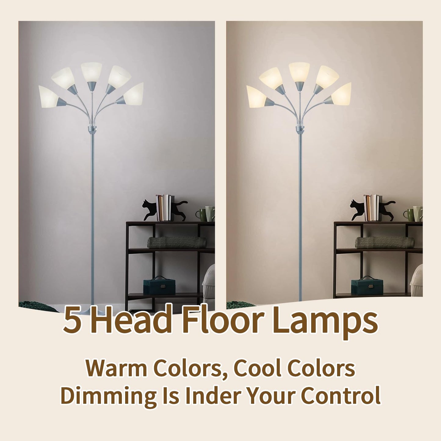 HonoDing Medusa Floor Lamps Standing Lamps 5 Heads Adjustable Reading Light Large Shade Use E26 A19 Bulb Floor Lamps for Living Room Bedroom (Silver)
