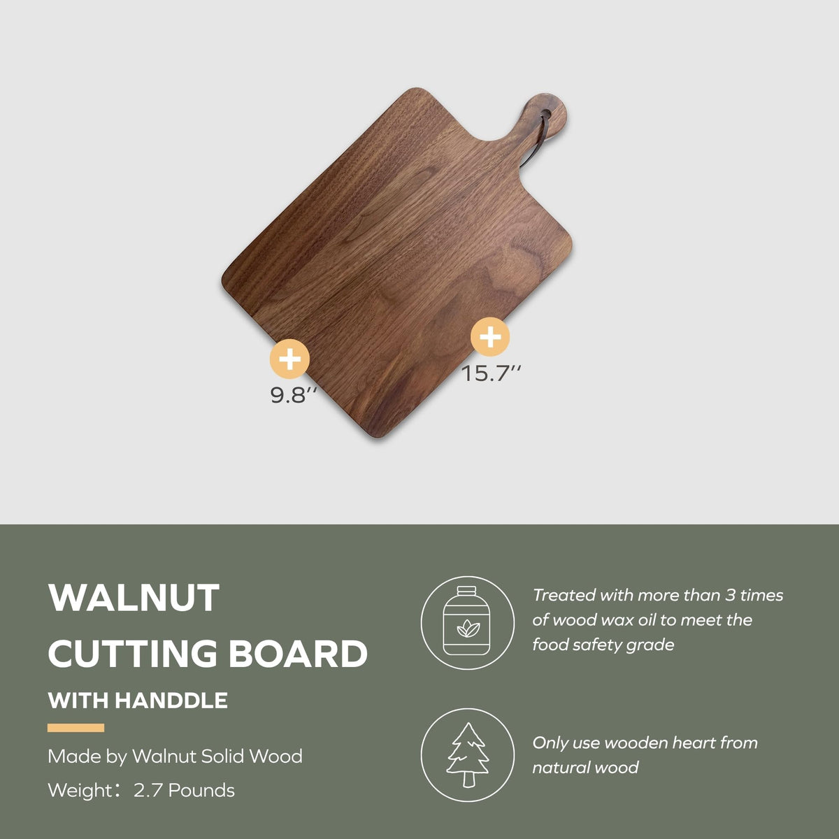 Muso Wood Walnut Cutting Board for Kitchen, Wooden Chopping Board with Handle to Hang, Square Bread Pizza Cheese Board, Charcuterie Board Used for Serving Platter 15.7x9.8 inch