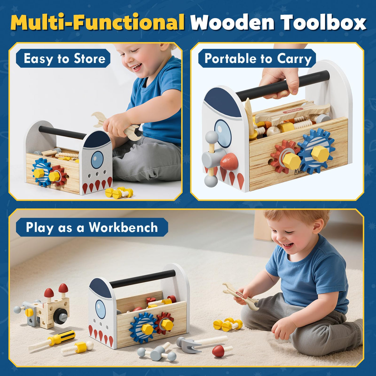 Wooden Kids Tool Set, Space Themed Montessori Toy, 47Pcs Construction Toolbox for Toddlers 3-5 Years Old