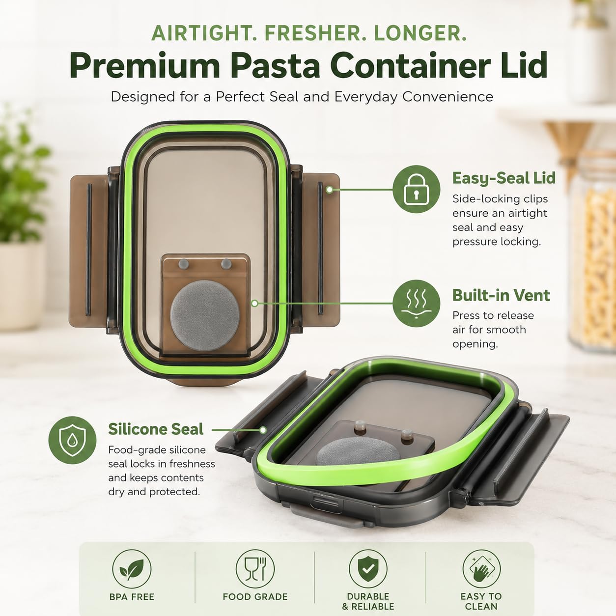 Plastic Pasta Containers, Spaghetti Container Storage, 74oz Set of 3 with Easy-Seal Lid, Pasta Storage Containers, Airtight Square Food Storage Jars for Spaghetti, Pasta, Flour, Oats, Cereal.