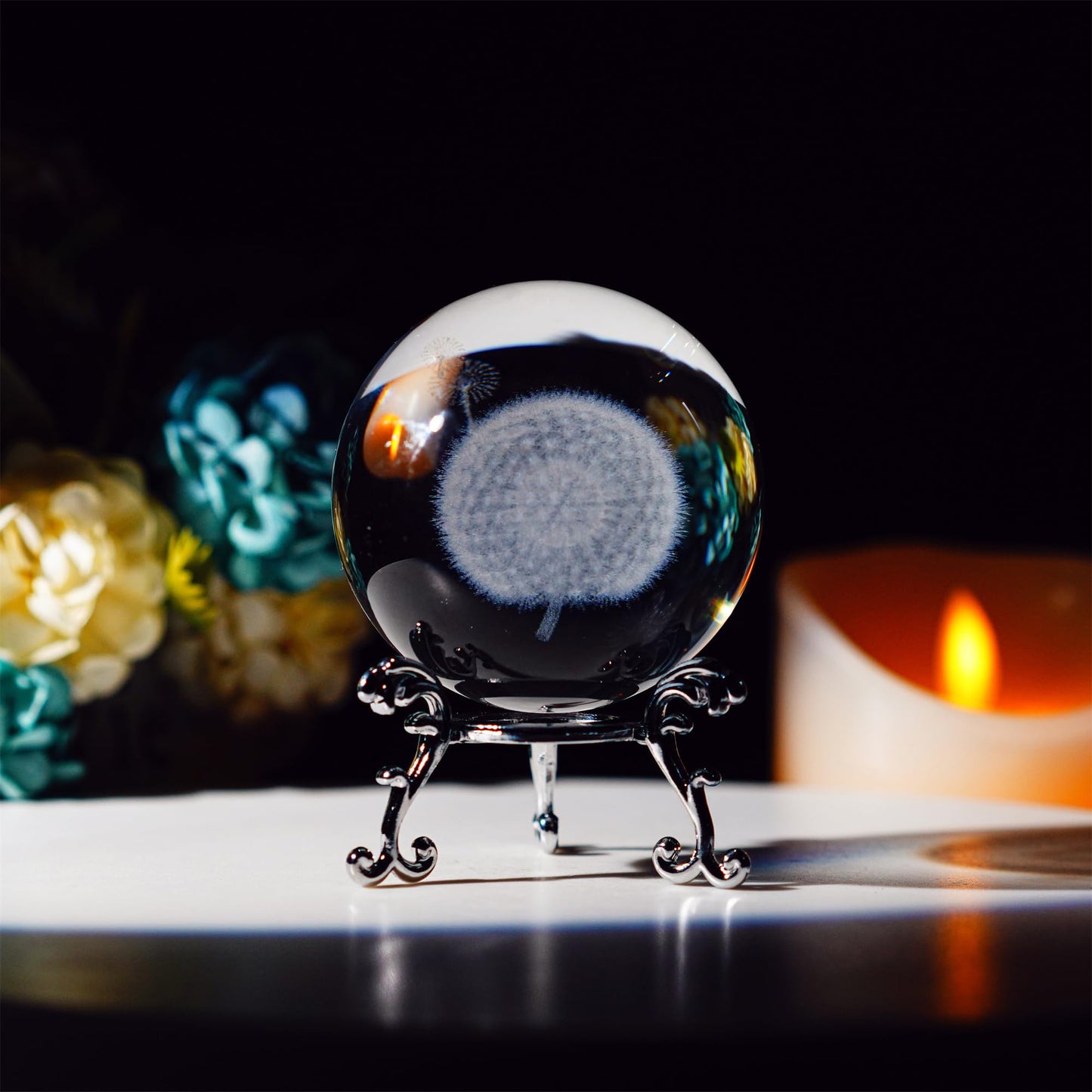 HDCRYSTALGIFTS 60mm Dandelion Crystal Ball Paperweight with Stand Gift for Women Mom 3D Laser Engraved Glass Plant Decorative Ball Full Sphere Home Office Desktop Decor