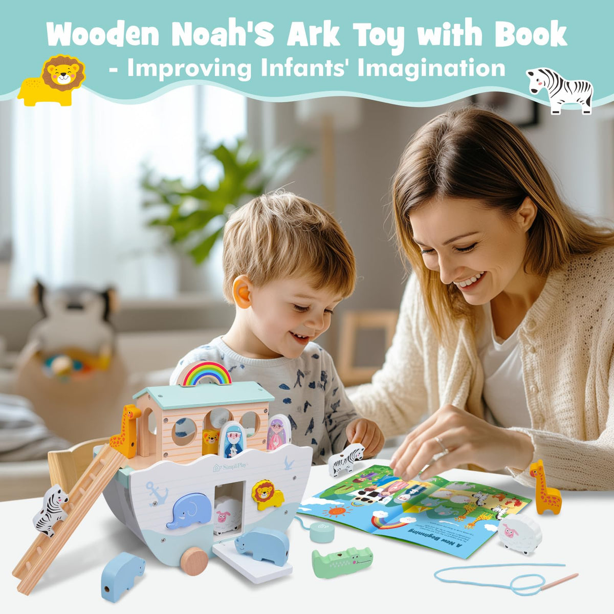 SIMPLIPLAY Wooden Noah's Ark Toy - Toddler Montessori STEM Learning Noahs Ark Toy with Story Book & Wooden Animal Shape Sorter, Christian Toy for Boys Girls Christmas Baptism Gifts