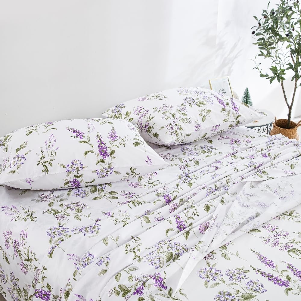 DAUAOTO King Size Cotton Bedding Printed Sheets Set, Up to 14" Deep Mattress, Velvet Purple Floral Pattern Bedlinen Sets, Provence Lavender