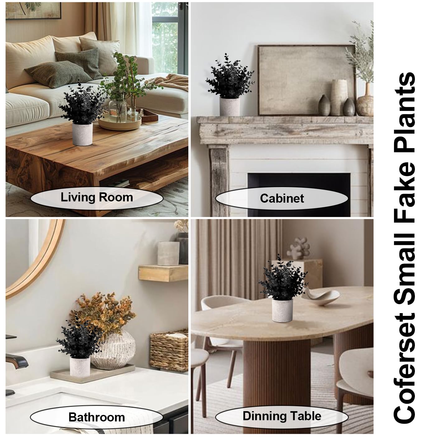Coferset 2 Pack Black Fake Eucalyptus Small Fake Plants Potted Artificial Plants for Halloween Shelf Desk Home Farmhouse Room Coffee Table Decor Bathroom Decor (Black)