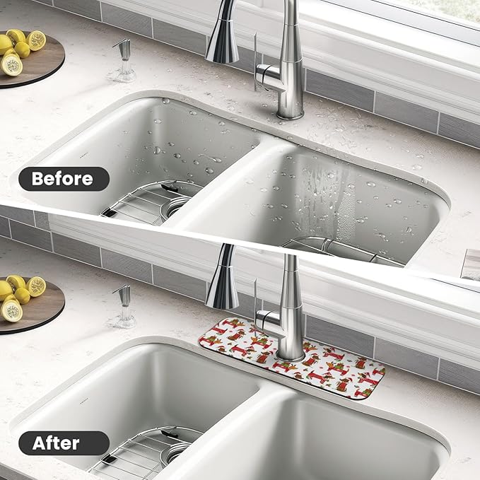 Christmas Dachshund Dog Happy New Kitchen Sink Splash Guard Faucet Mat 1 Pcs