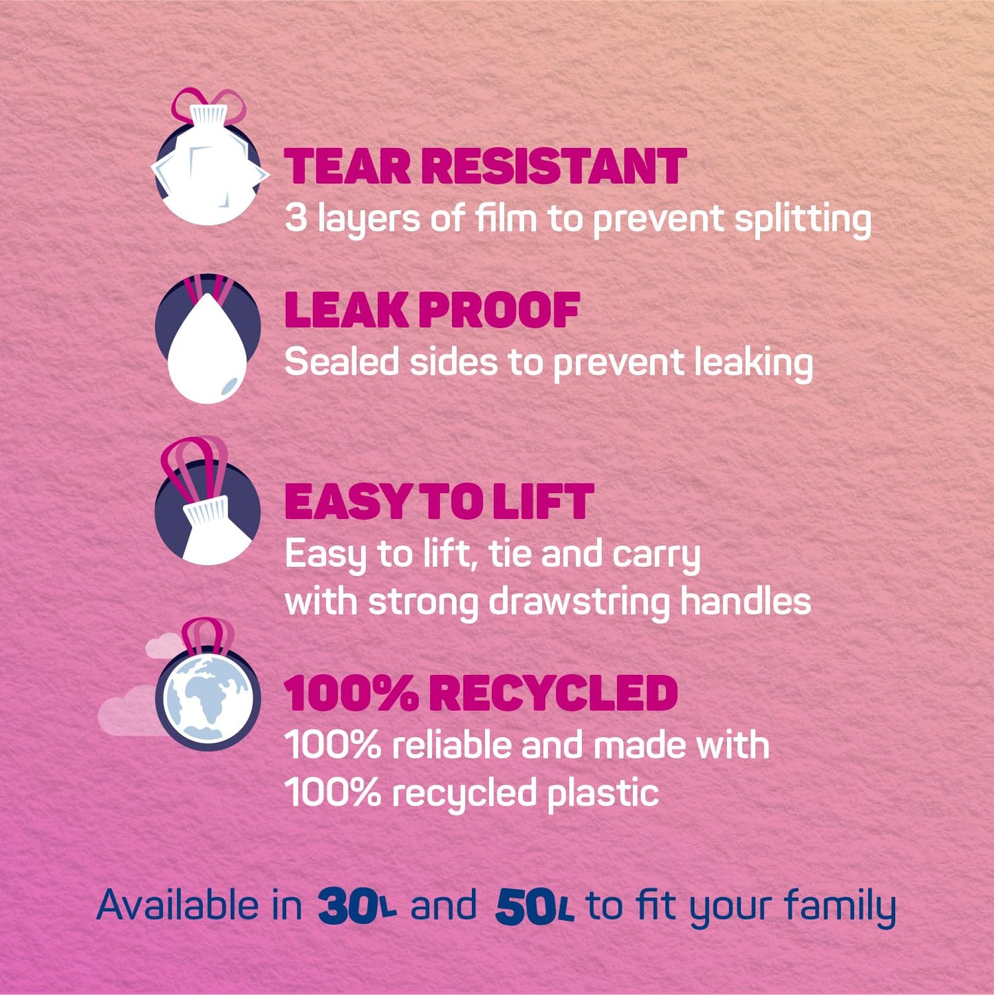 Bacofoil Elasti-Fit Bin Liners - 50L Recycled bin bags, 3 Rolls (30 Bags) - Leak-Proof, Elastic Fastening for Secure Fit - Made from 100% Recycled Plastic - Eco-Friendly Waste Disposal.