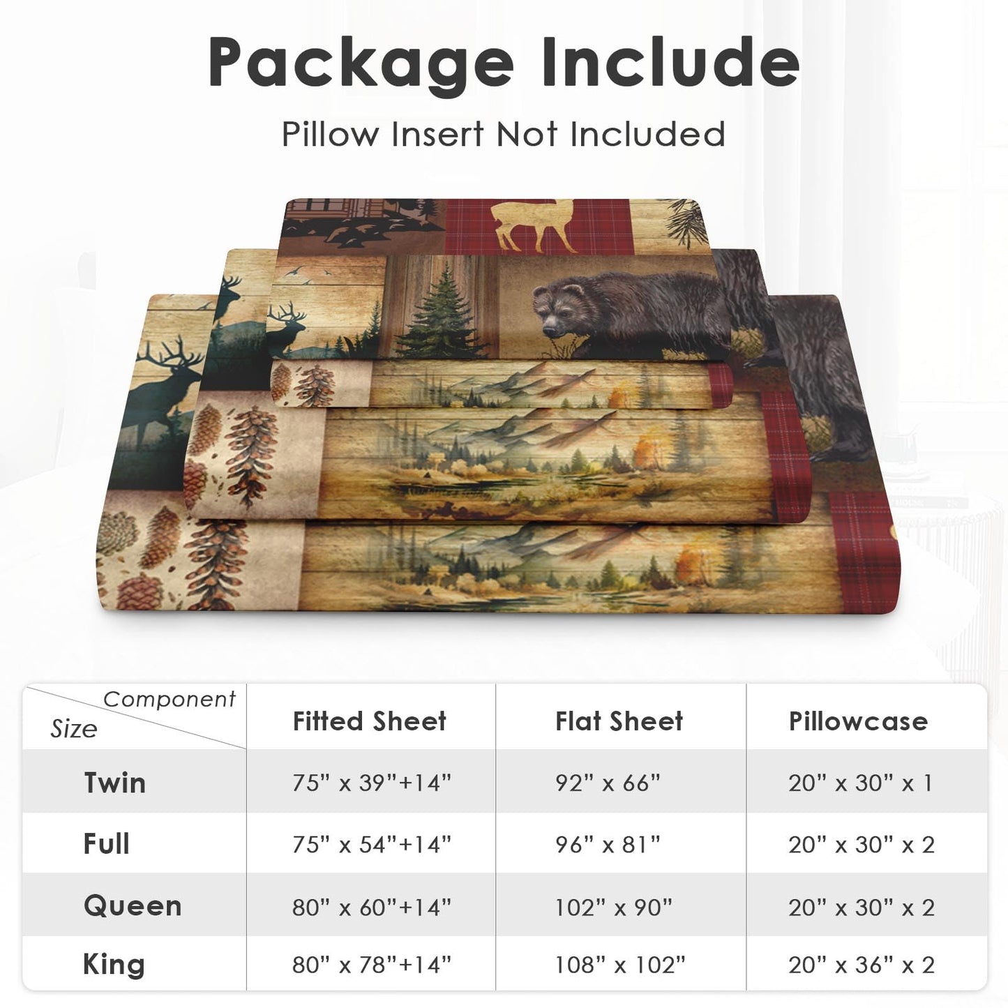 Pamnest Full Size Bed Sheet Sets, Camp Bear Mountain Soft Microfiber 4 Pcs Bedding Sets for Kids and Adults Bedroom Bed Decor, Wildlife Brown Pine Tree Flat, Fitted Sheet and 2 Pillowcases