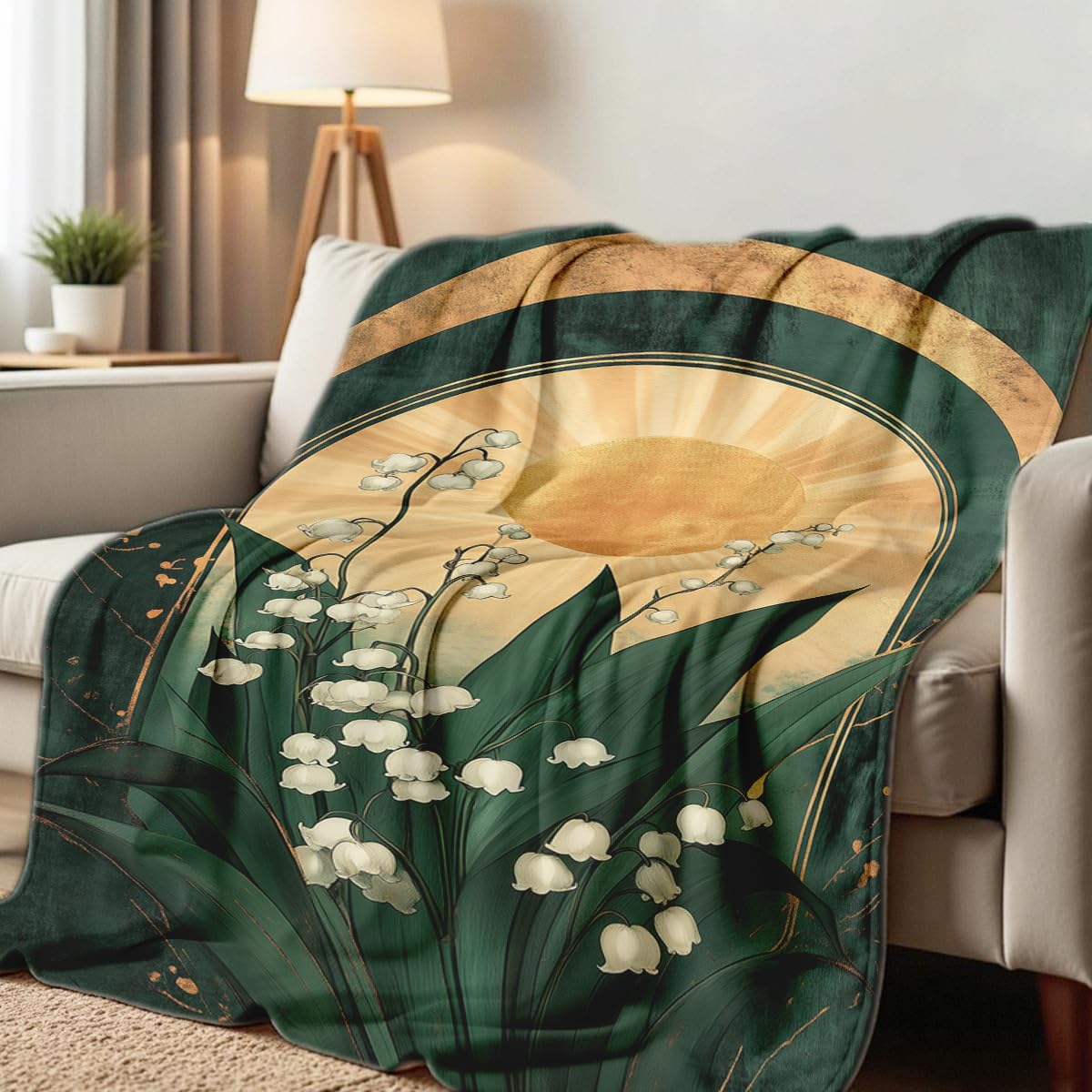 HUNXIAOJ White Floral Blanket Lily of The Valley Print Throw Wildflower Blanket Queen Size Flowers Flannel Bedding Couch Sofa Bed Living Room Decor 49"x59"