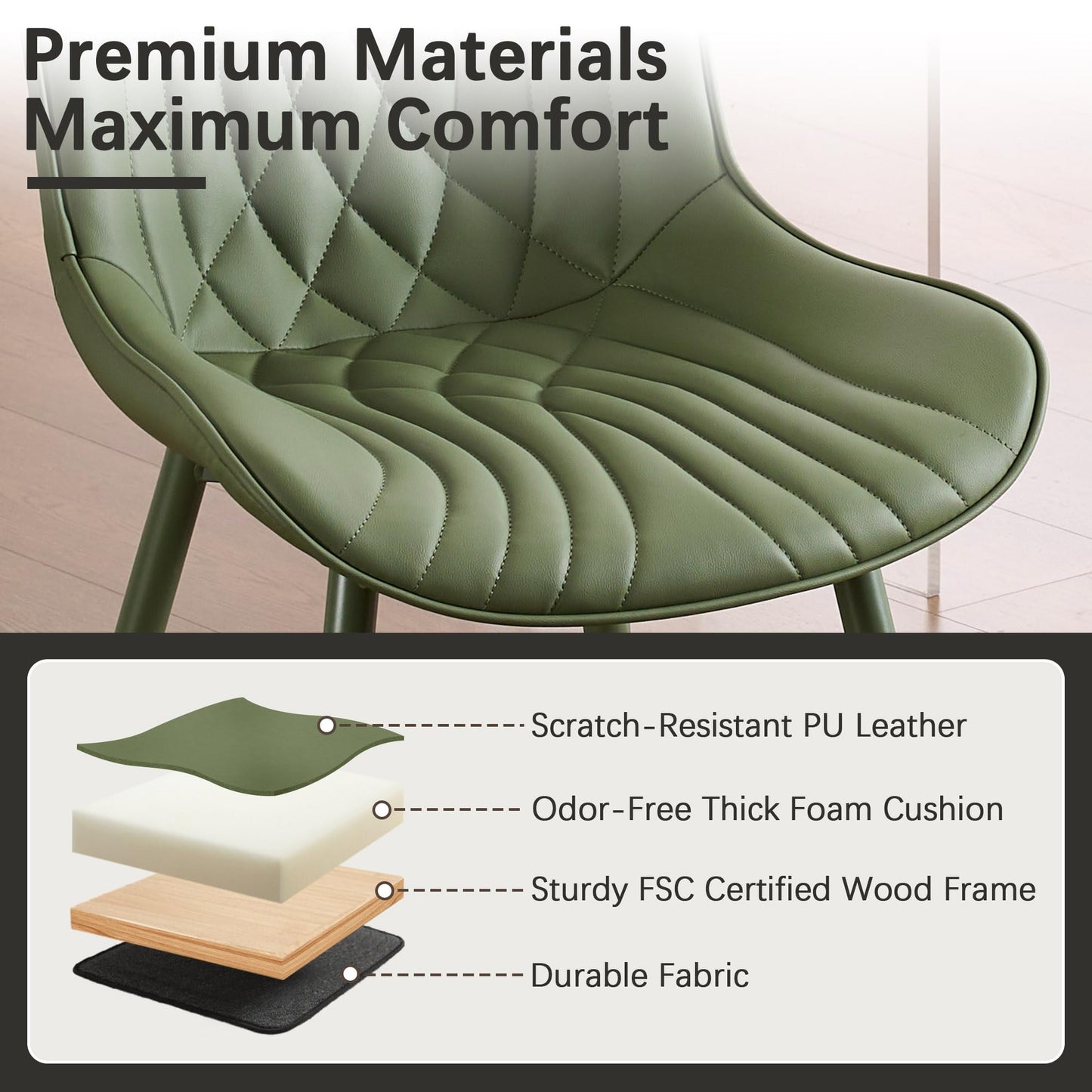 YOUTASTE Upholstered Leather Dining Chairs Set of 2 All Olive Green, Mid Century Modern Comfy Kitchen Dining Room Chair, Green Metal Legs, Armless Accent Chair for Living Room Bedroom