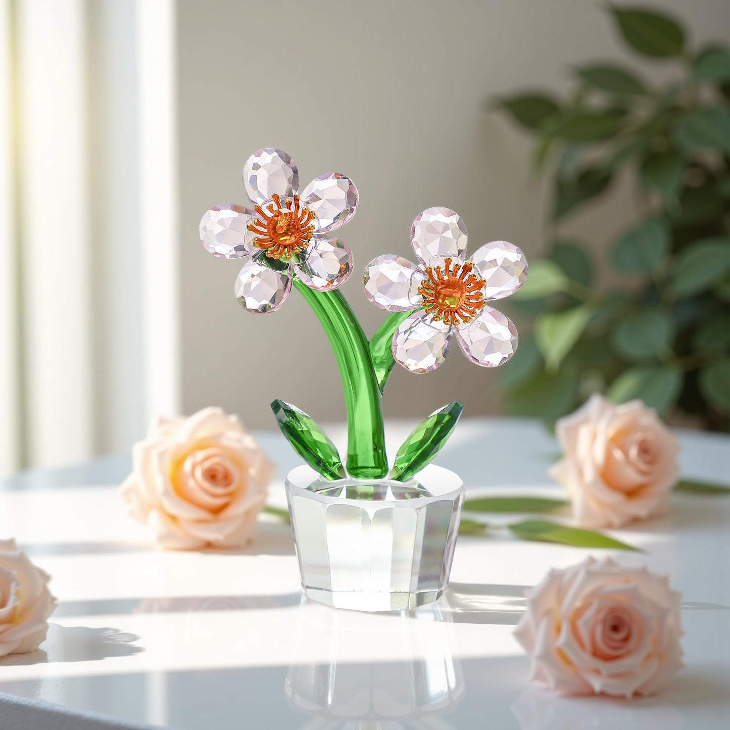 KRISININE Pink Crystal Peach Blossom Flower Figurine 3.9‘’*2.9‘’ Elegant Tabletop Flower Ornament Collectible Home Decor Centerpiece