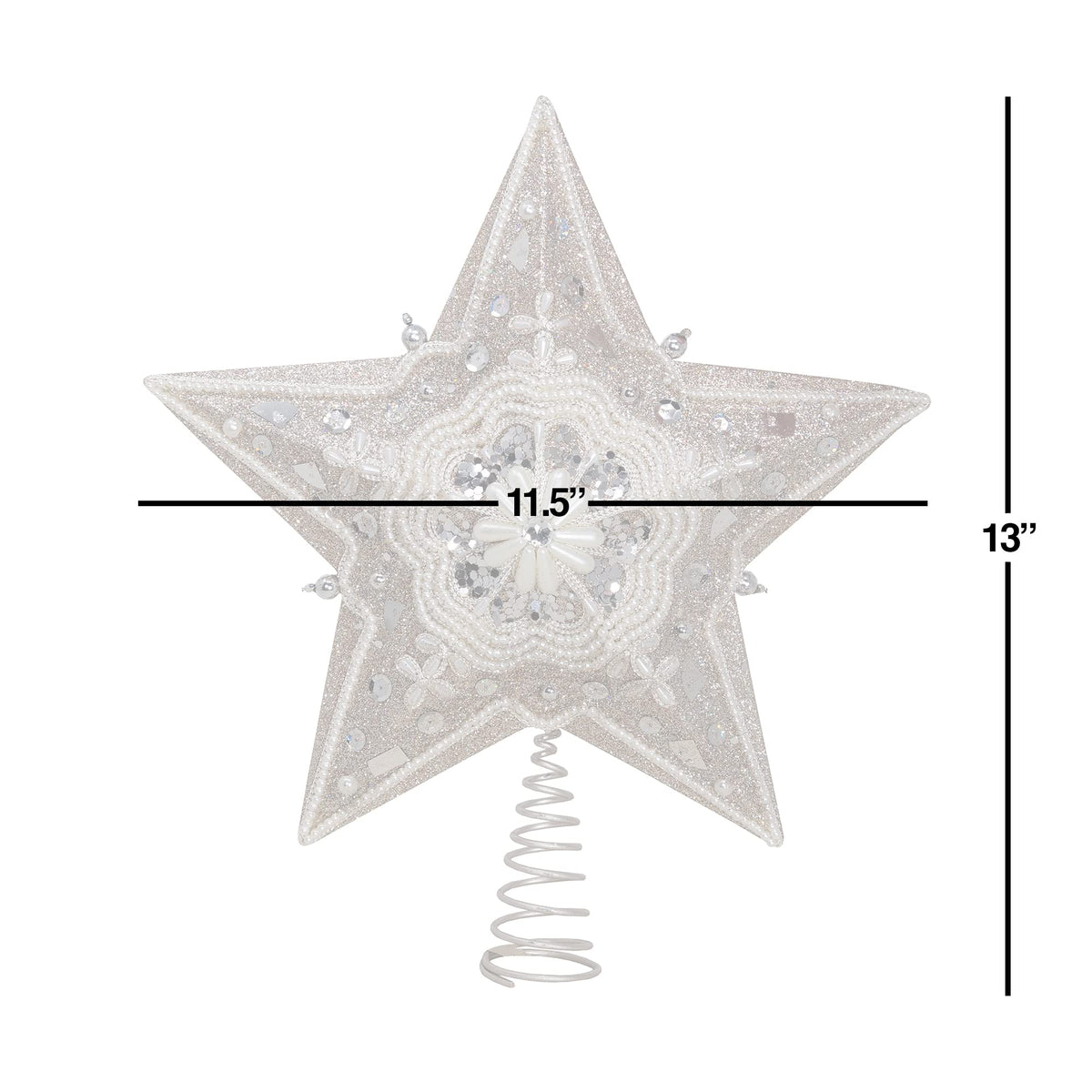 Kurt Adler Star Treetop with Ivory Pearls and Platinum Glass Glitter, 13.5-Inch