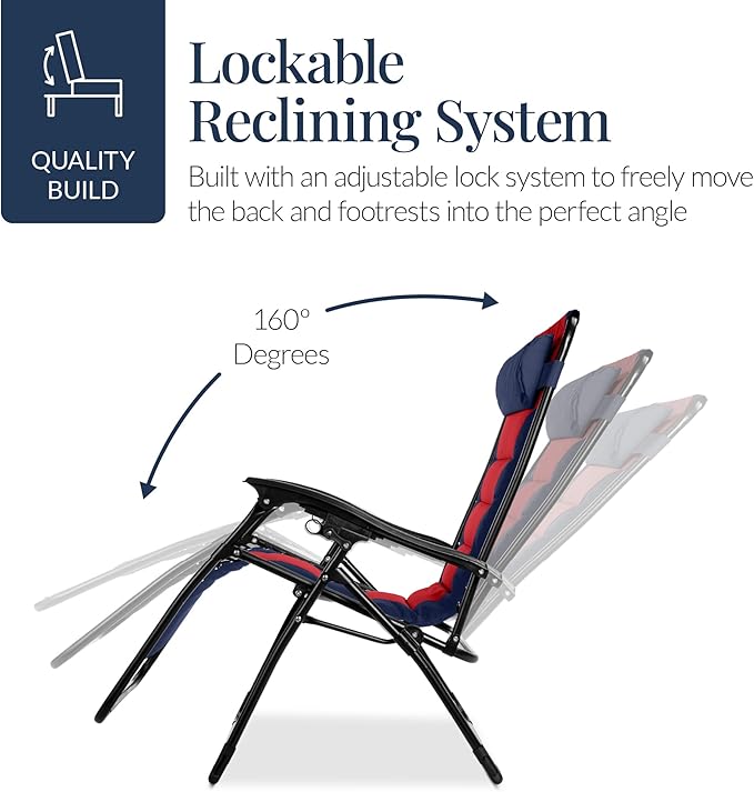 Best Choice Products Oversized Padded Zero Gravity Chair, Folding Outdoor Patio Recliner, XL Anti Gravity Lounger for Backyard w/Headrest, Cup Holder, Side Tray, Polyester Mesh - Navy/Red