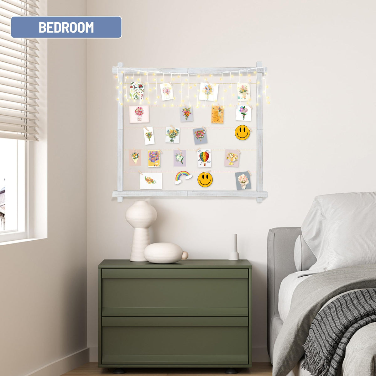 Wood Picture Frames Collage,Photo Display With 30 Clips,Hanging Picture Board Wall Decor for Dorm Graduation Letter Postcard Greeting Card Organizer,Pine,Adjustable Bead String,2 Pack,(Rustic White)