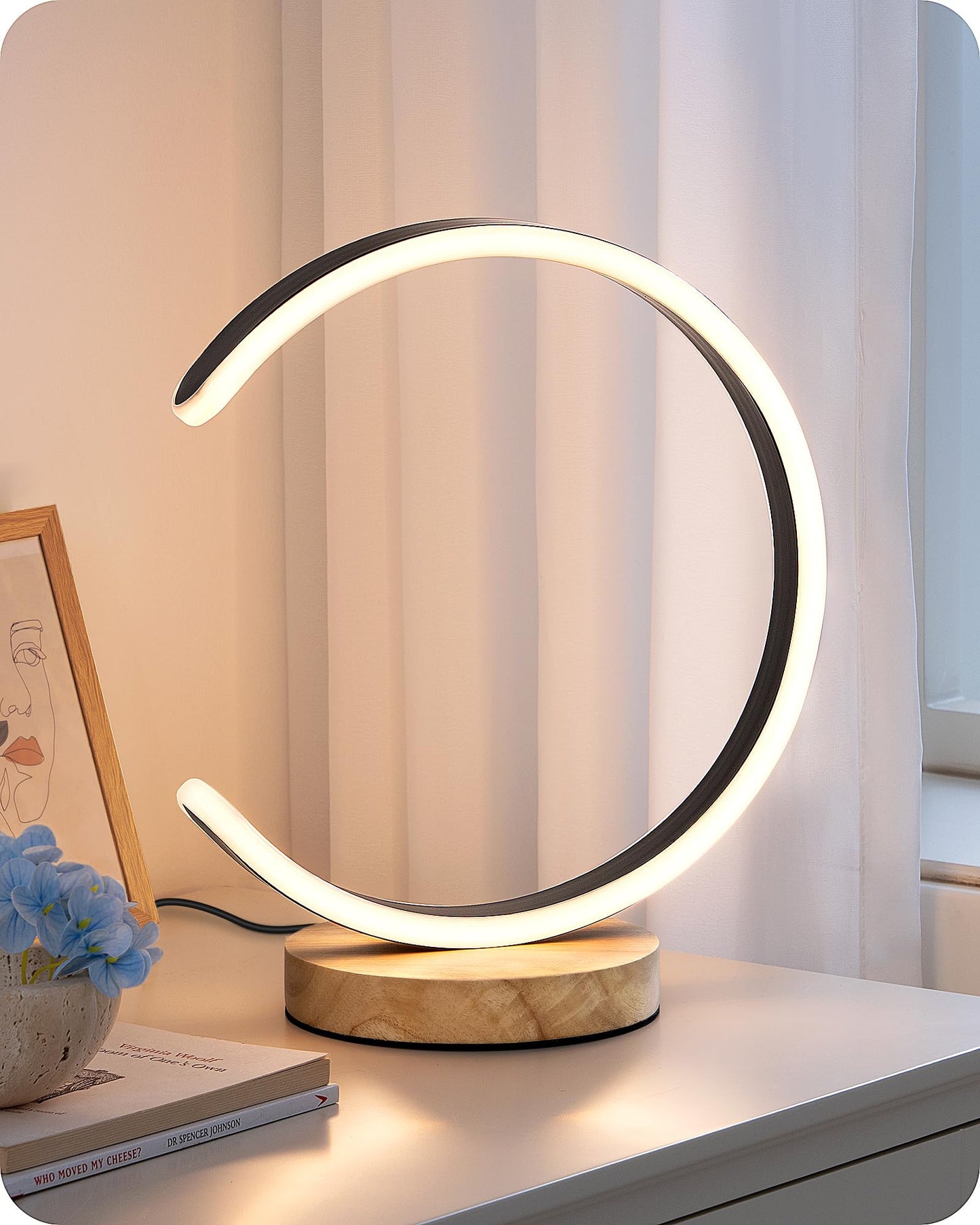 EDISHINE LED Table Lamp, C-Shaped Modern Lamps for Nightstand with 3 Color Temperature & Dimming, Upgraded Switch, Silicone Lampshade & Solid Wood Base, Bedside Lamp for Living Room, Bedroom, Black