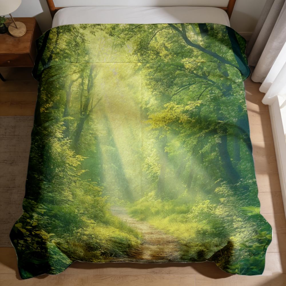ZHOUSHUTONG Summer Forest Landscape Flannel Throw Blanket, Soft Cozy Green Nature Landscape Print Plush Blankets for Couch Bed Sofa, Gift for Nature Lovers 49"x59"