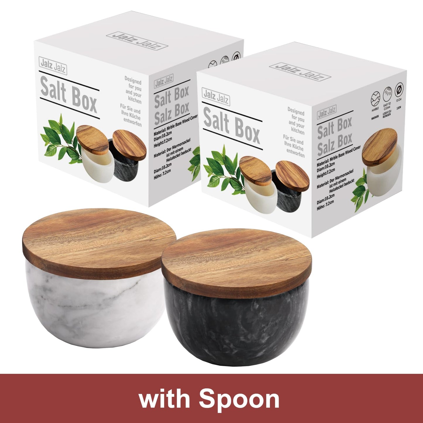 jalz jalz Marble Salt Cellar Pinch Pot - Heavy Non-Slip Salt Bowl with Acacia Wood Cover and Spoon - 10oz Capacity Spice Storage Natural Marble Salt Box with Sustainable Acacia Lid