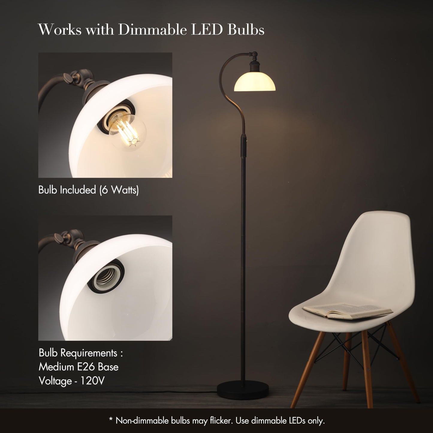 O’Bright Heritage - Banker’s Floor Lamp, 3-Level Touch Dimming, Adjustable Tilt Shade, Removable Lampshade Design, E26 Socket with 6W Dimmable LED Bulb, White Jade Glass Shade, Oil Rubbed Bronze