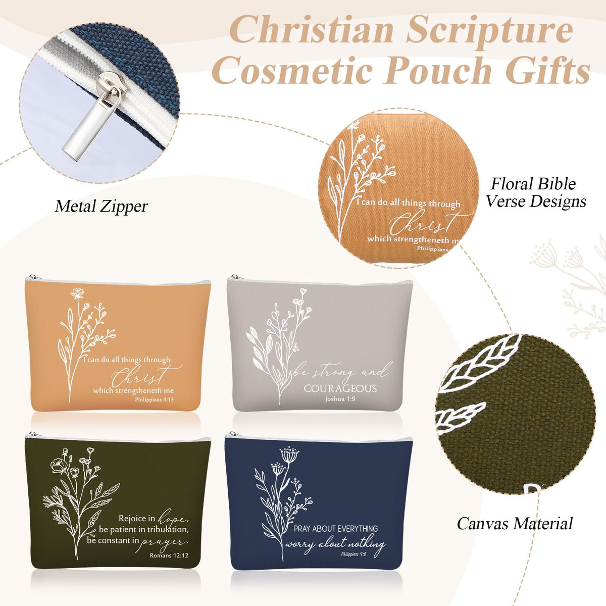 Fumete 4 Set Mothers Day Christian Gifts for Women 16oz Skinny Cup Religious Cosmetic Bag and Bible Verse Keychain Appreciation Church Gifts for Mom Grandma Teacher Dad(Classic Color,Floral)