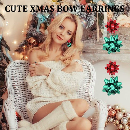 CEALXHENY Christmas Earrings for Women Festive Bow Drop Dangle Earrings Gift Stud Earrings for Women (A Red+Green)