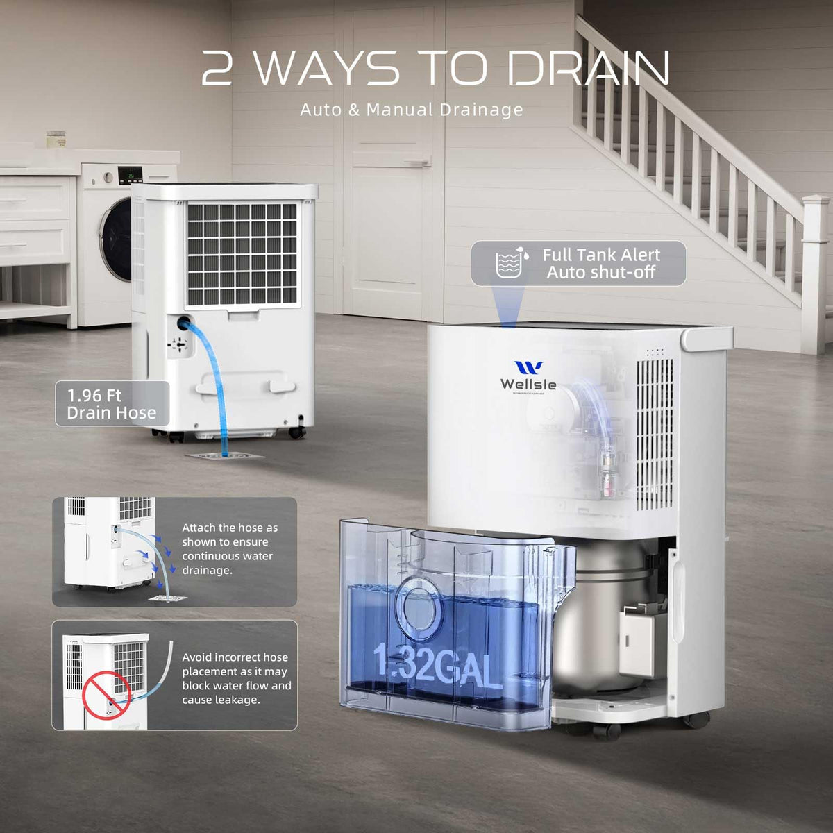 Wellsle 4500 Sq.ft Dehumidifier for Basement and Garage, 80 Pints Home Dehumidifier with Drain Hose and Water Tank, Quiet Dehumidifiers for Bedroom, Living Room, Office.