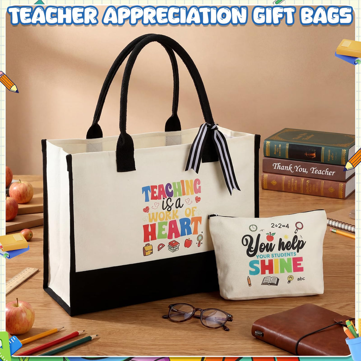 Capoda Teacher Appreciation Gifts for Women Bulk - 4 Set Large Canvas Teachers' Tote Bags with Makeup Bags Pouch Rainbow Inspirational Quotes, Thank You End of Year Daycare Teacher Staff Gifts Set