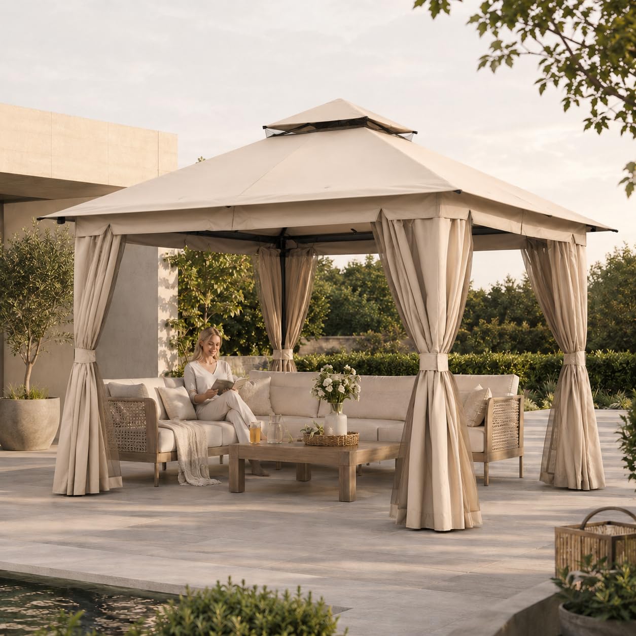 Kingdura 10'x10' Outdoor Gazebo, Heavy Duty Metal Patio Canopy Tent Shelter with Double Roof, Mosquito Netting & Privacy Curtains for Backyard, Garden, Deck, Lawn, Khaki
