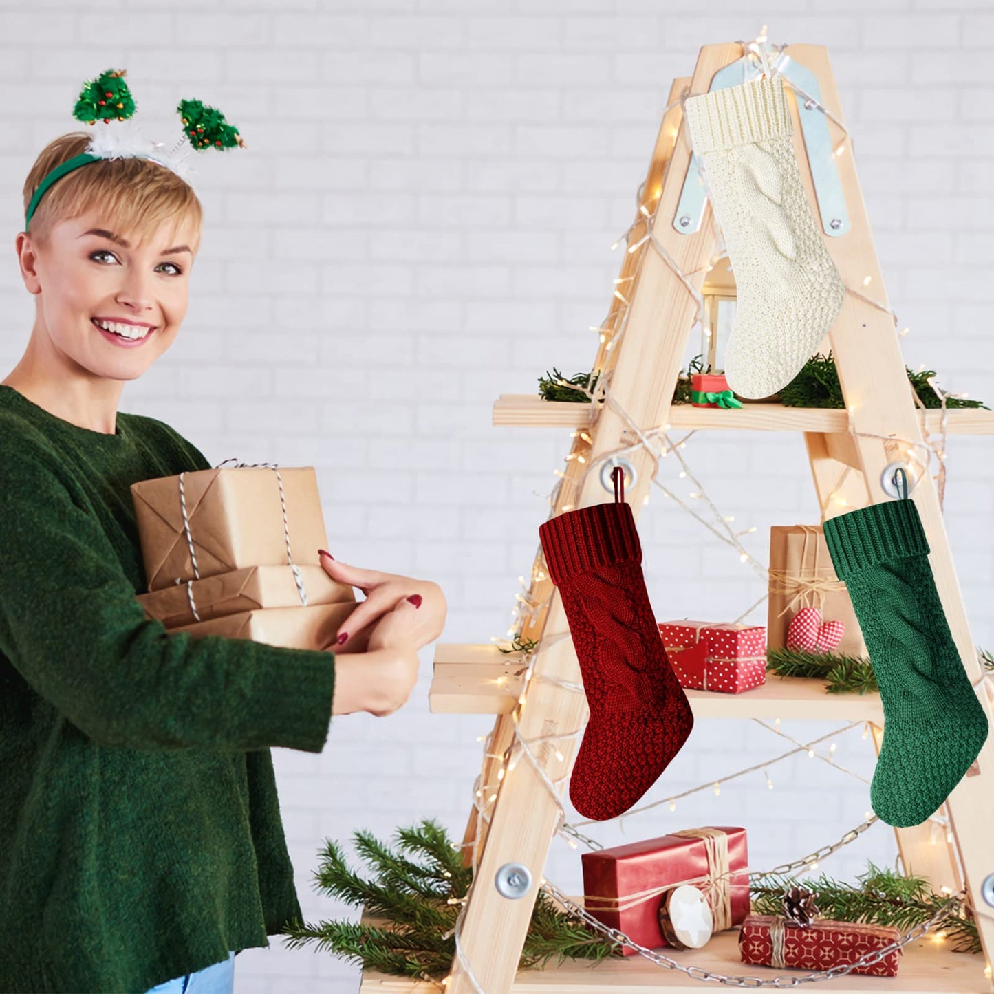 Kunyida 18" Unique Burgundy and Ivory and Green Knitted Christmas Stockings,6 Pack