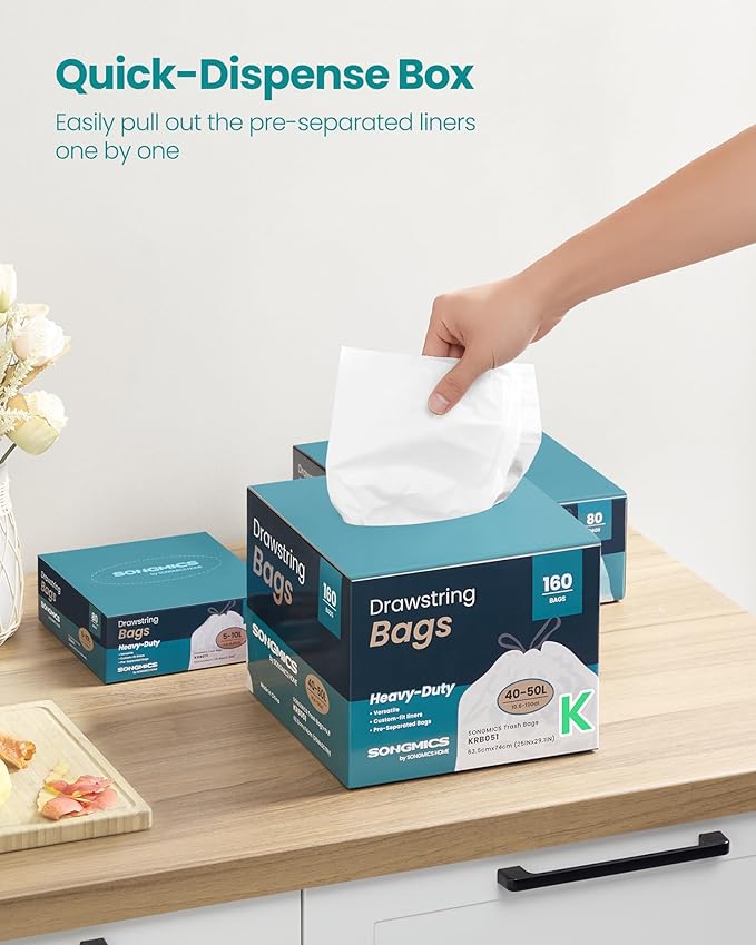 SONGMICS Trash Bags for 13-Gallon Trash Cans, Drawstring Kitchen Garbage Bags