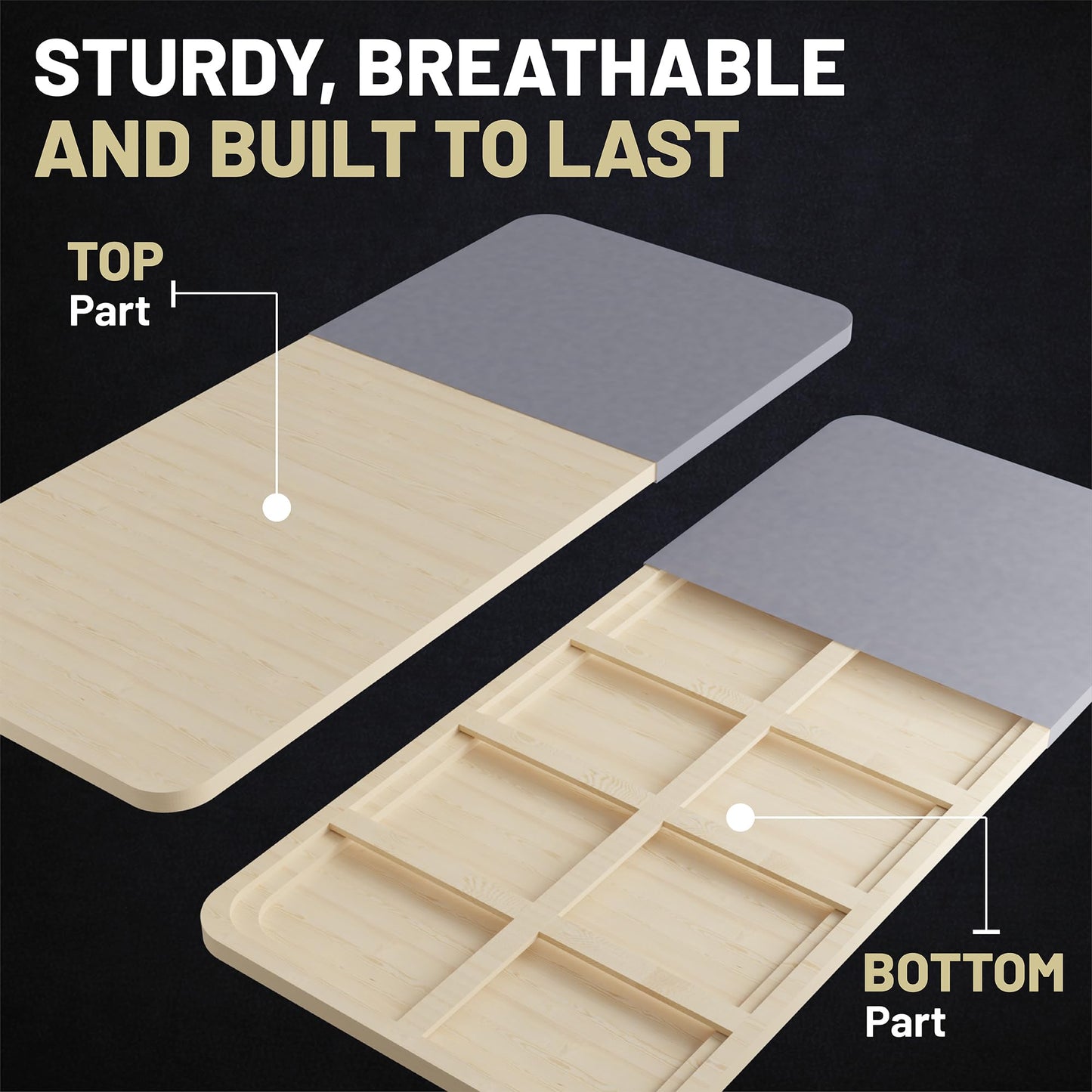 Greaton, Premium 38mm Solid Surface Wood Bunkie Board Queen Size Bed Frames - 2-Piece Under Mattress Support Board, Fully Assembled, Fabric Ventilation Cover - Replaces Wooden Slats or Box Spring