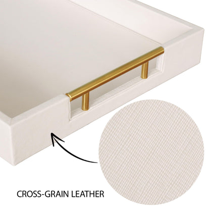 HofferRuffer Faux Leather Serving Tray with Gold Metal Handles, Stylish Decorative Tray Organizer for Coffee Table, Ottoman, Home Decor and Serving (CreamWhite, 16.2" x 12.2" x 2")