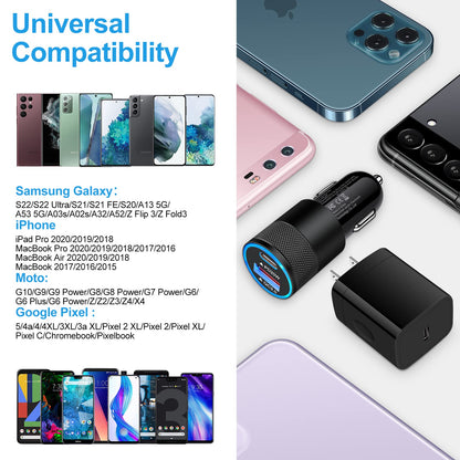 Type C Charger Fast Charging Block for Samsung Galaxy S25, A15 5G,A16,A55,A35,A14,A13,A25,S24 S23 FE,A03s,A53,Z Fold6,20W PD 3.0 USB C Wall Charger 38W Car Adapter+2 PCS Android 6ft USB C-to-C Cable