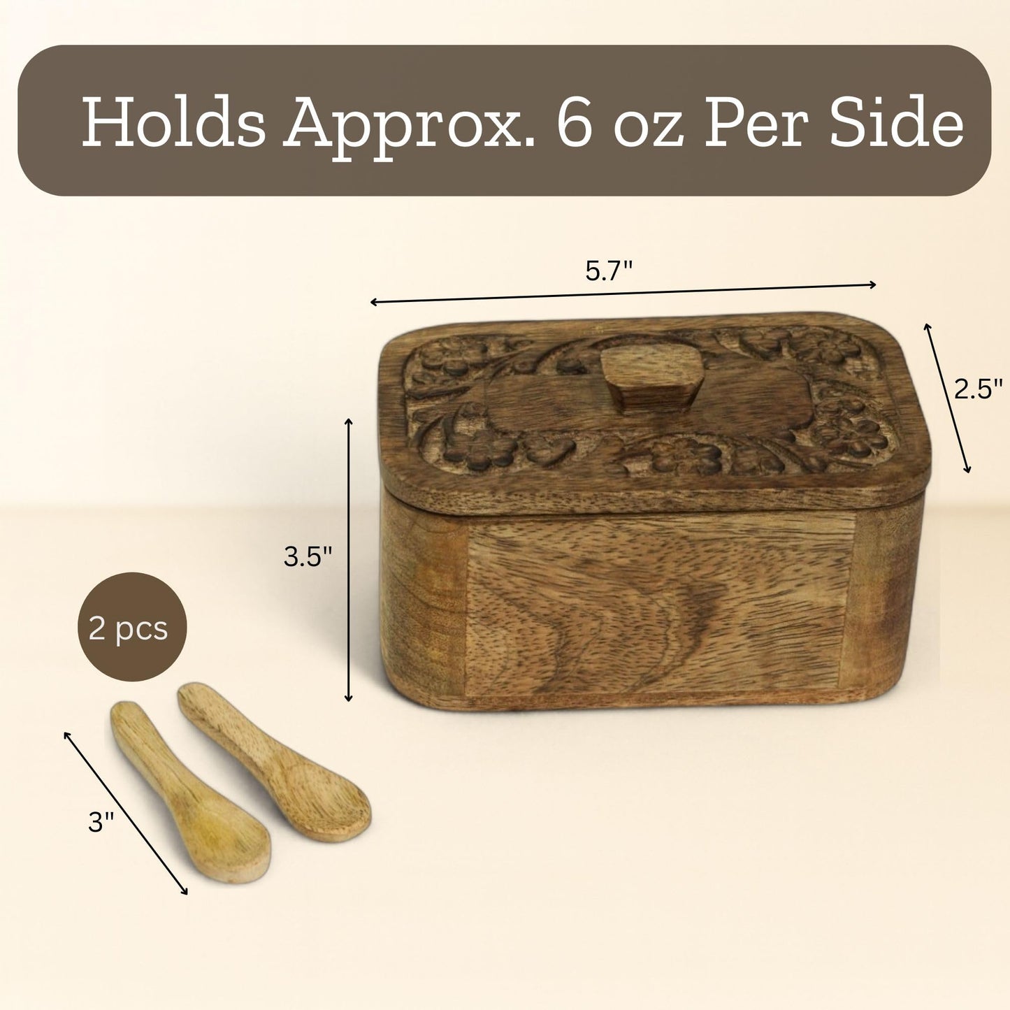 Mie Creations Duet Salt and Pepper Box Cellar with Hand Carved Lid & 2 Spoons, Rustic Wooden Pinch Bowls with 2 large Compartments | Wood Salt Storage Keeper, Spice Bowls for Kitchen Cooking