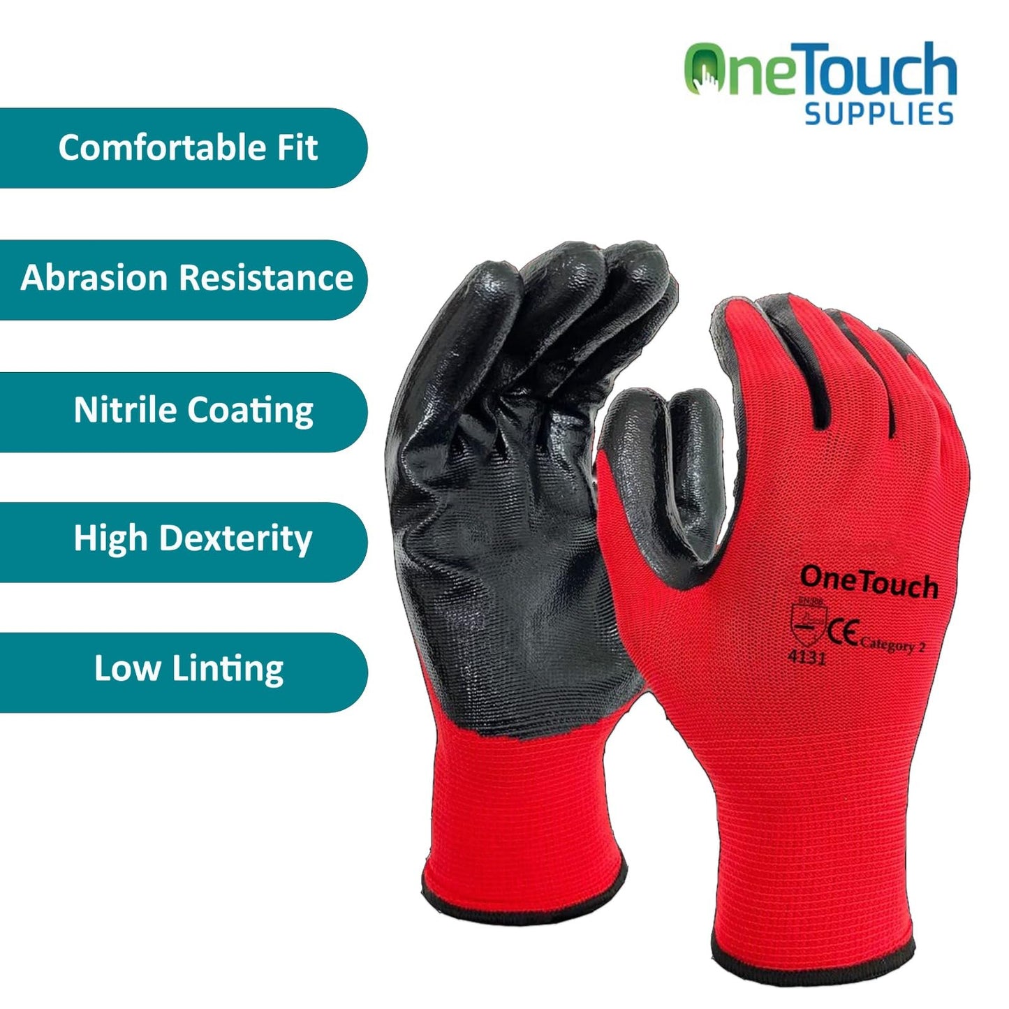A406 24 Pair Red Work Gloves Nitrile Coated for Builders, Gardening, Construction, Warehouse Use (Large)