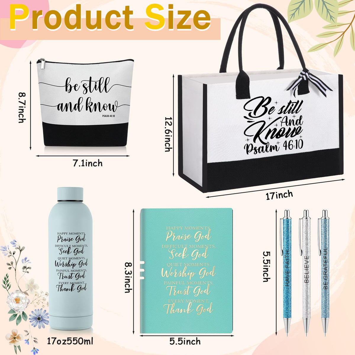 Shinylin Light Blue 7 Pcs Christian Gift for Women Faith, Inspirational Religious Bible Verse Gifts, Catholic Tote Bag Makeup Bag Pens