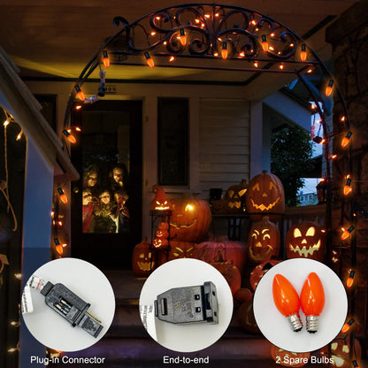 SUNSGNE C7 LED Orange String Lights Outdoor, 25FT Halloween String Lights with 27 LED Orange Lights(2 Spare) for Patio Garden Roofline Backyard Halloween Decorations, Black Wire
