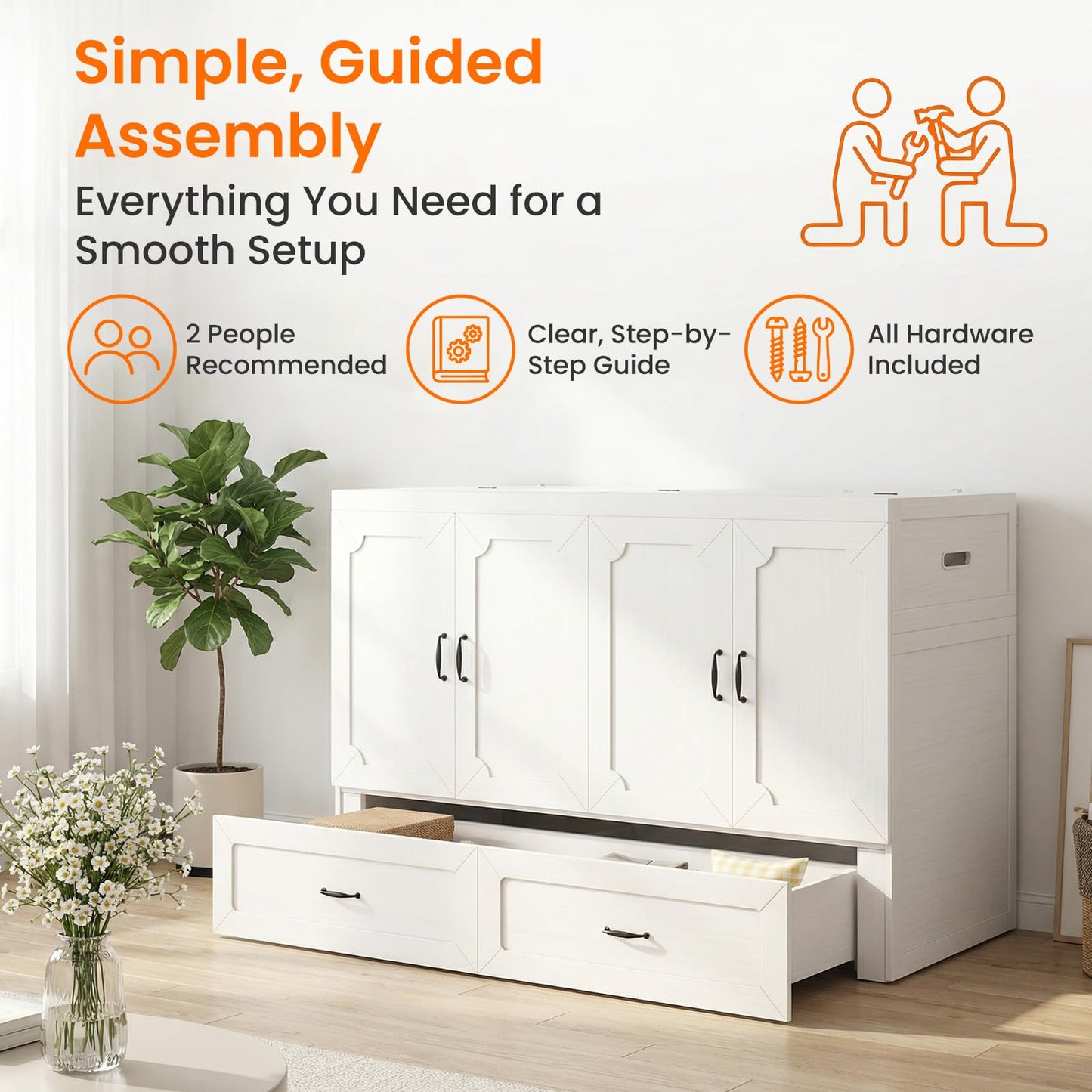 CECER Queen Size Murphy Bed with Mattress Included，Murphy Cabinet Bed Queen with Charging Station ＆ Storage Drawer for Small Spaces/Guest Room（White）
