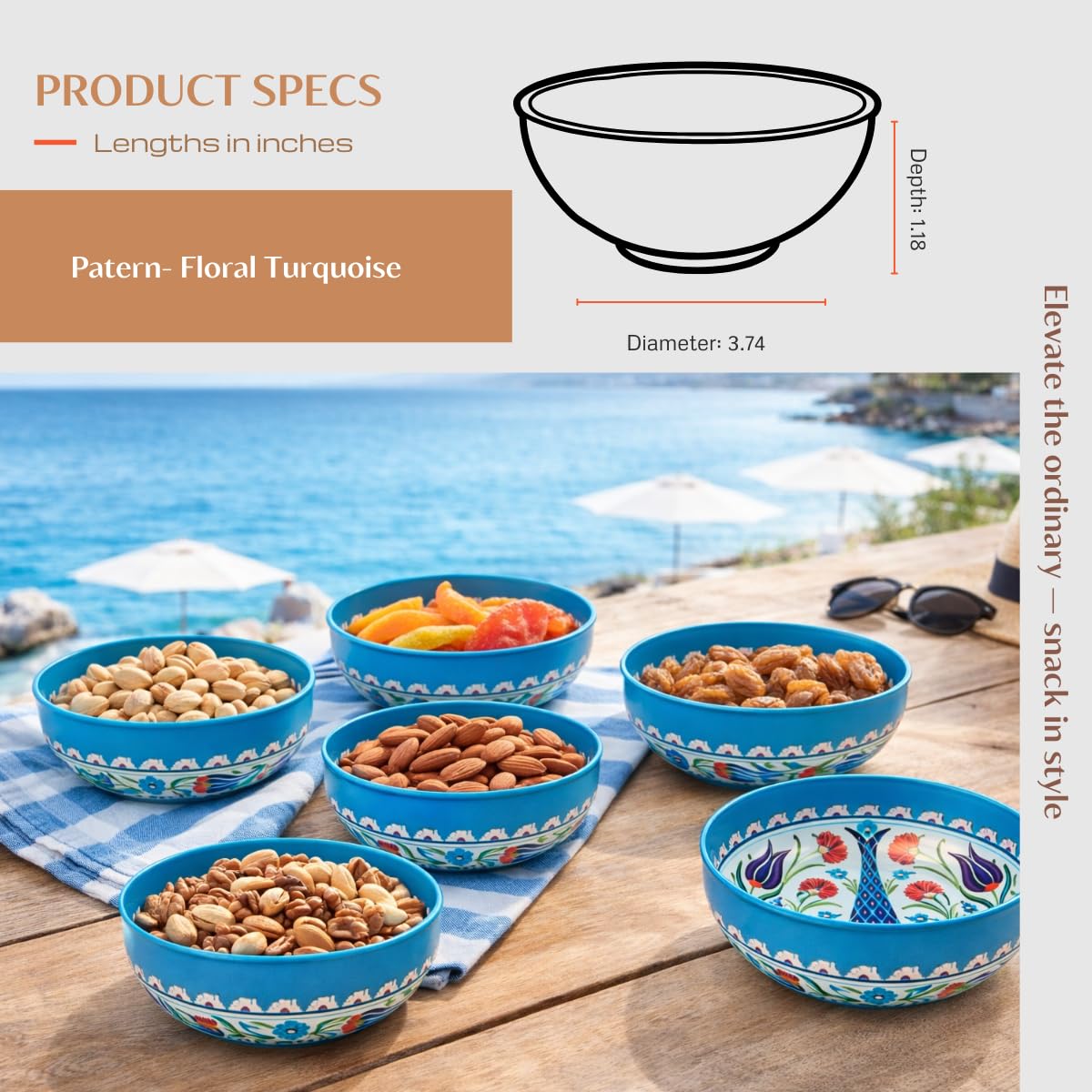 NOVAMEM 6 Pack Metal Snack Bowls – Lightweight & Durable – 3.74 - Inch Small Sauce Bowls - Mediterranean Design–Perfect for Charcuterie, Soy Sauce, Spices, Tapas, Picnics. (Floral Turquoise)