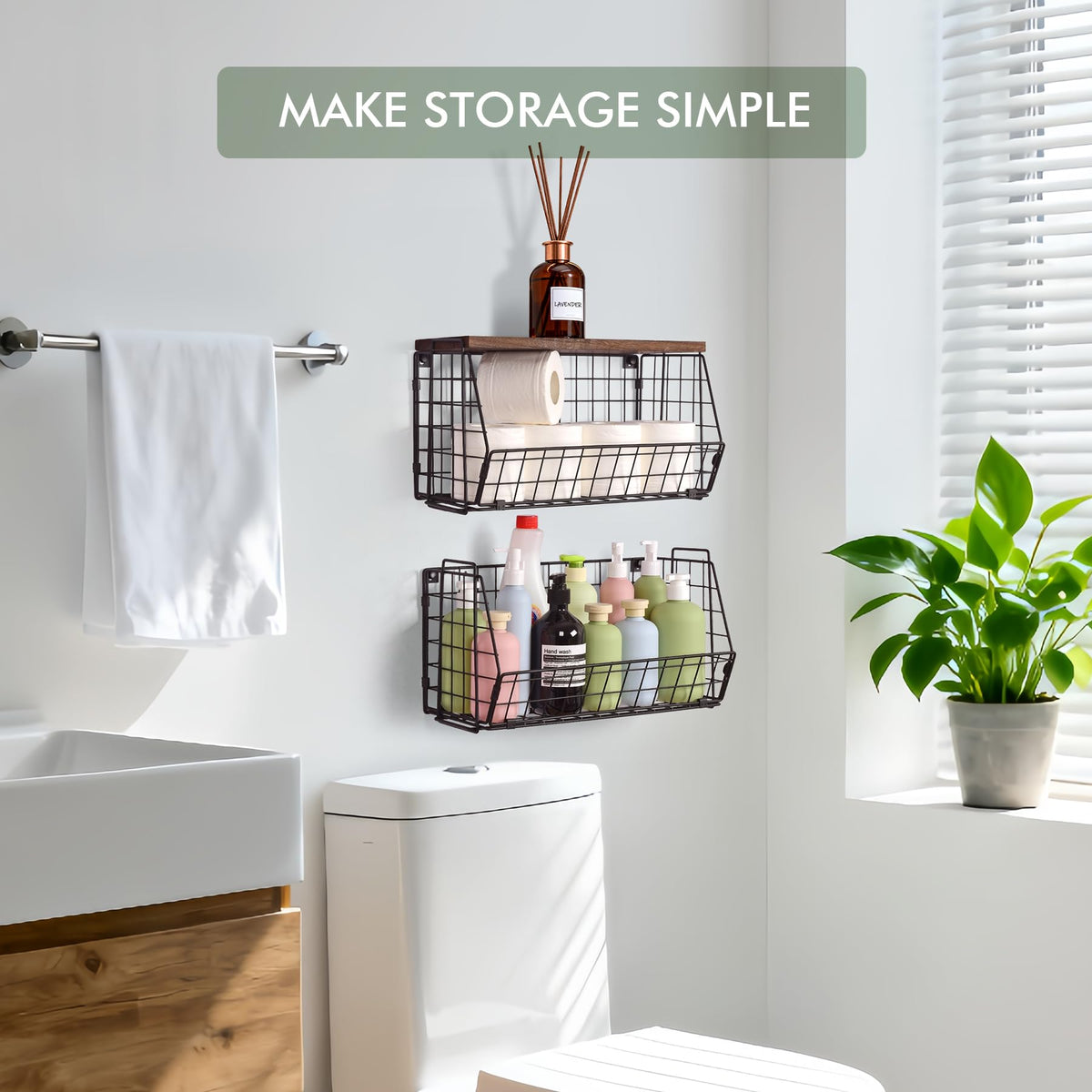 Wall Storage Hanging Baskets 2 PACK - Wooden Top Wire Basket Organizers & S Hooks - Assemble Floating Shelf Racks for Pantry Kitchen Office Bathroom Garage Organization (Extra Large)