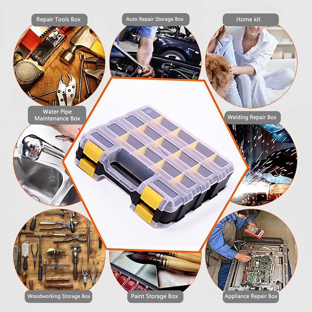 Tools Organizer Box Small Parts Storage Box 34-Compartment Double Side Hardware Organizers with Removable Plastic Dividers for Screws, Nuts, Nails, Bolts