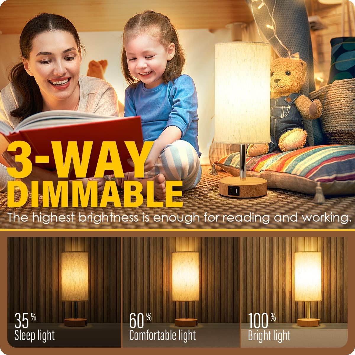 Yarra-Decor Bedside Table Lamp with USB Ports - Touch Control for Bedroom 3 Way Dimmable Nightstand Lamp with Round Fabric Shade for Living Room, Dorm, Home Office, Corded Electric, Without Battery