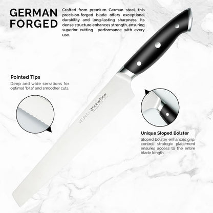 WICKWILLOW 10" Bread Knife – Razor Sharp German Steel – Serrated Knife for Homemade Bread & Sourdough – Full Tang & Ergonomic Handle – Gift Box – Velina Series