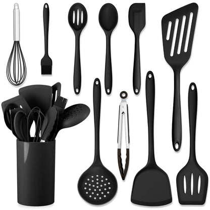 HaWare 11 PCS Silicone Cooking Utensils Set, Heat Resistant Kitchen Utensils with Holder, Food-grade Spatula Sets for Nonstick Cookware, Kitchen Tools Gadgets Include Fish Turner, Spoon (Black)