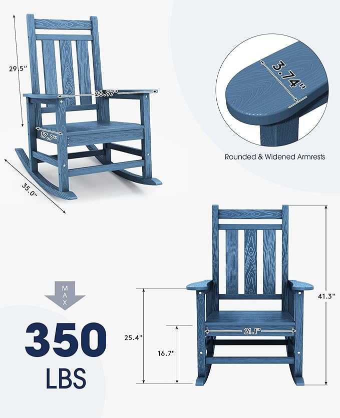 KINGYES Oversized Outdoor Rocking Chair Set of 4, All-Weather Patio Rocking Chairs for Porch, HDPE Outdoor Patio Rockers with High Back & Wide Seat for Garden, Lawn, Blue