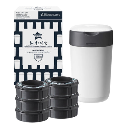Tommee Tippee Twist and Click Nappy Bin Starter Set, 6x Refill Cassettes with Multilayer, Antibacterial Film, 100% Recycled Chassis, White