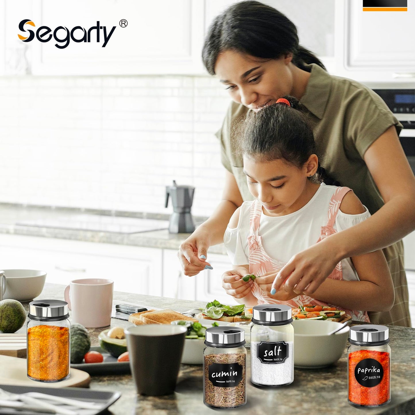 Segarty Spice Jars with Label, 3 Pack 5 oz Empty Glass Spice Jar with Shaker Lids, Salt and Pepper Shakers Set with 136 Stickers, 1 Chalk Marker, 1 Brush, Seasoning Bottles with Ajustable Holes
