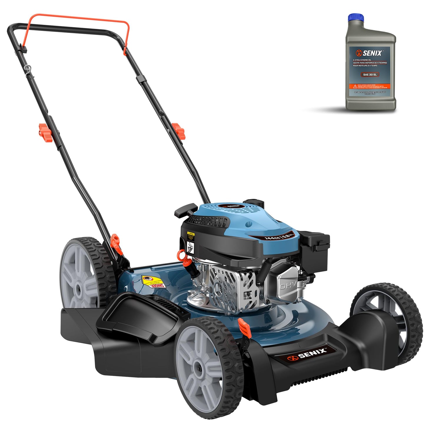 SENIX 21-Inch Gas Lawn Mower, 144CC 4-Cycle Engine Push Mower with Mulching & Side Discharge, 6-Position Cutting Height Adjustment, Residential Walk-Behind Mower for Yard & Garden