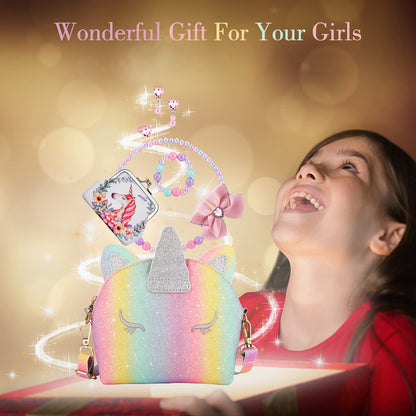 JYPS monedero unicornio para niñas, 7 monederos lindos para niños, bolsos cruzados con juego de joyas para niños, regalos de cumpleaños, juguetes de unicornio.